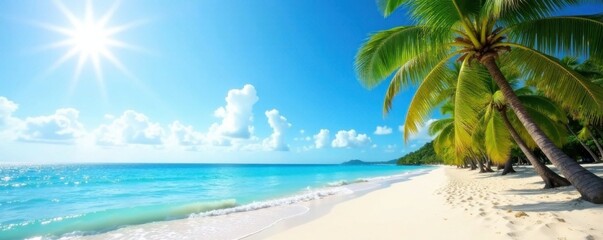 Sunny day at tropical beach with palm trees and calm ocean waves, tropical paradise, ocean wave