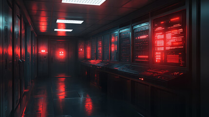 dark themed server room with glowing red warning lights, showcasing high tech equipment and futuristic atmosphere. reflective surfaces enhance eerie ambiance