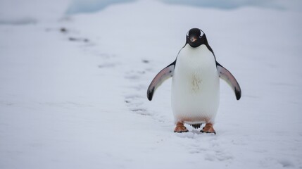 Obraz premium A solitary penguin stands on snowy terrain, leaving tracks behind, amidst a cold and icy landscape, showcasing its distinctive features.