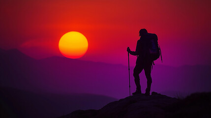 Solo adventurer silhouetted against a setting sun, walking stick in hand, deep orange and purple hues filling the sky, moody and reflective