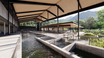 Modern Fish Farm Facility with Mountain Views