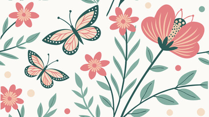 Vintage pink floral pattern with  butterfly