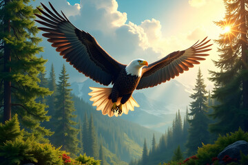 Fototapeta premium Soaring Majesty, A Bald Eagle's Flight Through a Scenic Landscape, A symbol of freedom and the wild, capturing the beauty of nature's harmony and the eagle's powerful presence