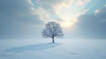 Lone frosted tree standing in snowy open field with cloudy sky and soft winter light	