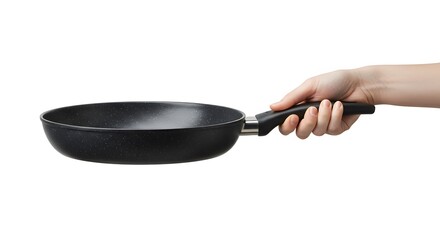 A hand holding a non stick frying pan with a black handle against a white background