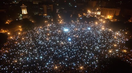 Fototapeta premium Night Protest, City Square, Phones as Lights