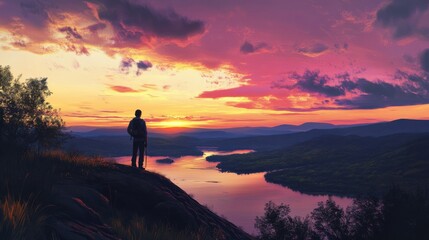 Obraz premium A serene sunset view over a river, with a figure standing on a rocky ledge, surrounded by lush greenery and vibrant clouds.