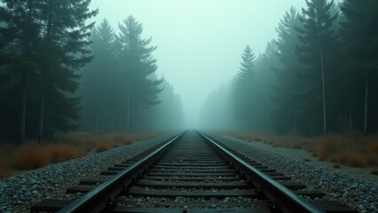 Fototapeta premium Empty railway track stretching into foggy forest with mist and bare trees 