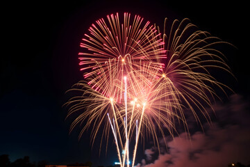 Spectacular Display, A Captivating Timelapse Photograph of Vibrant Fireworks Exploding Against the Night Sky illuminating Celebrations and Festive Occasions