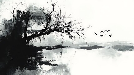 Fototapeta premium Monochrome lake with tree, and birds.