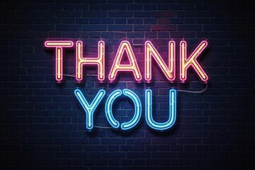 Bright neon 'Thank You' sign against a dark brick background, creating a vibrant and grateful atmosphere.