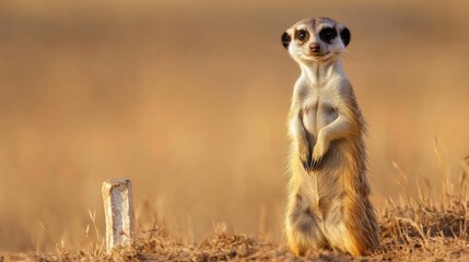 Fototapeta premium A curious meerkat stands upright in a grassy landscape, surveying its surroundings.