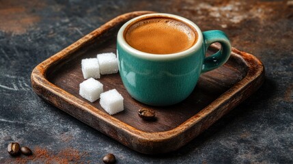Espresso in teal cup on rustic tray
