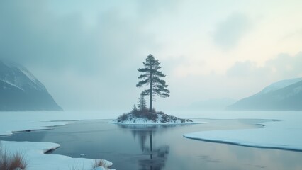 Fototapeta premium Small snowy island with pine trees surrounded by frozen lake under pastel winter sky 