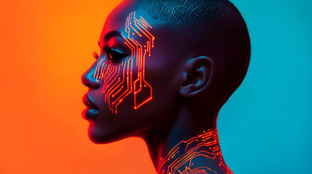 view of a futuristic model with neon tattoos that resemble circuit board patterns