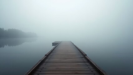 Fototapeta premium Wooden dock stretching into calm misty lake with fog obscuring distant shoreline and no people 
