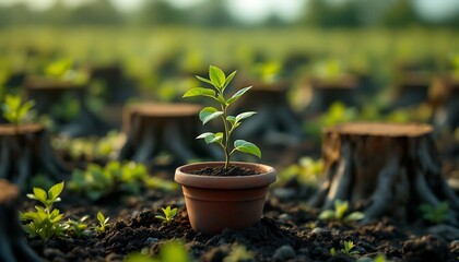 Fototapeta premium Plant Growing in Pot Among Tree Stumps Shows Reforestation Concept