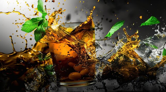 Capture the Cool Moment: The Summer Temptation of Iced Tea with Mint! In the picture, a refreshing glass of iced tea with mint is placed in front of a fresh background. The crystal - clear ice cubes a