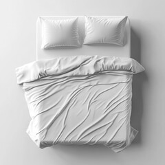 Aerial view of neatly made white double bed with crisp sheets and fluffy pillows in a serene bedroom setting