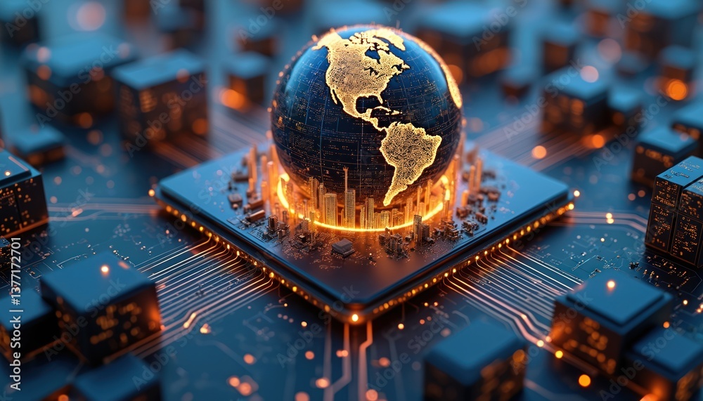 Leinwandbilder Digital globe rests atop circuit board, global tech, digital communication. Circuitry, microchips, data processing, representing worldwide network, innovative design, artificial intelligence.