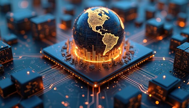 Digital globe rests atop circuit board, global tech, digital communication. Circuitry, microchips, data processing, representing worldwide network, innovative design, artificial intelligence. - Powered by Adobe
