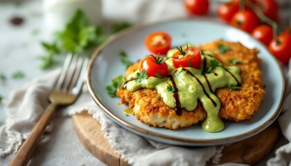 Delicious Fried Chicken Cutlet with Avocado Sauce and Tomato Garnish