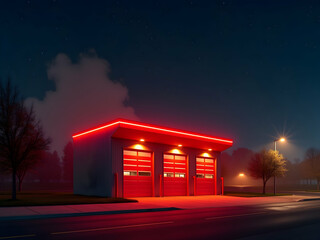 Striking Nighttime View of a Modern Fire Station with Bold Red Lighting Enhancing Its Architectural Design and Streetscape Appeal, Creating a Captivating Visual Experience