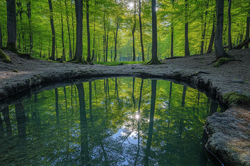 A tranquil forest glade with a small, crystal-clear pond reflecting the surrounding trees and sky, creating a mirror-like effect