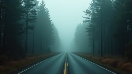 Obraz premium Empty road stretching through dense pine forest in heavy fog with no visible end 