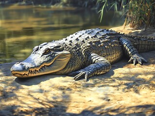 Obraz premium Resting Alligator Close to Water in Nature Setting Sunny Day