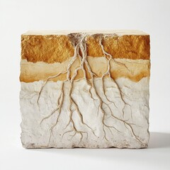 Detailed photograph of earth showing a section of tree trunk surrounded by soil and roots in a natural environment