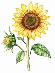 Obraz premium Watercolor sunflower clipart yellow petal green stem garden summer floral field bloom leaf nature illustration isolated bright botanical cheerful harvest sunny natural plant artwork detail drawing