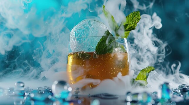 Capture the Cool Moment: The Summer Temptation of Iced Tea with Mint! In the picture, a refreshing glass of iced tea with mint is placed in front of a fresh background. The crystal - clear ice cubes a