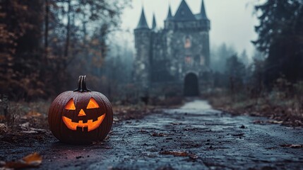 Halloween pumpkin on abandoned old road and medieval castle on the background