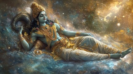 Vishnu depicted as reclining deity in cosmic ocean