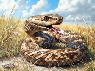 Fototapeta premium Rattlesnake Coiled in Grassy Field with Tongue Out Against Sky