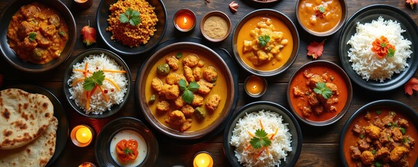 Aerial shot of various third-culture cuisine dishes in fusion restaurant. Cultural blend with ambient lighting rich colors. Dishes include curry, rice, naan, candles. Presentation for culinary global