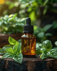Holy basil essential oil bottle with fresh leaves natural setting aromatherapy inspiration
