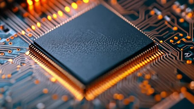Close-up of Electronic Chip: A detailed, close-up shot of a cutting-edge electronic chip, showcasing the intricate circuitry and technological precision, illuminated by a soft, ethereal glow.