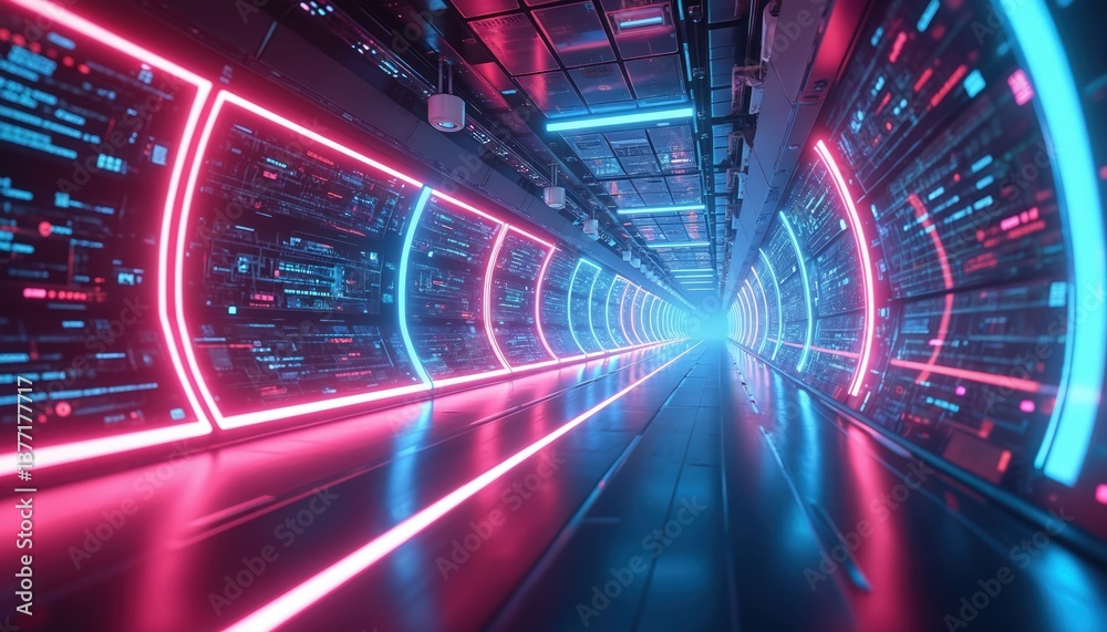 Poster Futuristic HUD tunnel design. Abstract tech background with data center, server concept, and high-speed internet. Red and blue neon light with digital data. Innovation technology illustration.
