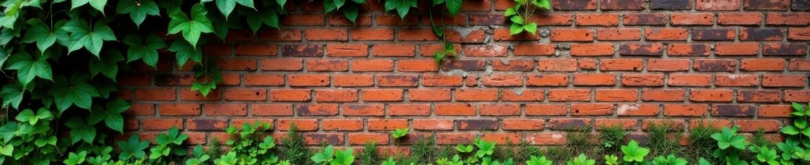 Obraz premium Weathered brick wall with rough texture, overgrown with ivy and moss , aged, rough