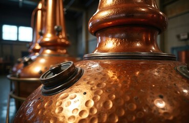 Close-up copper distillery stills for whiskey alcohol production. Manufacturing industry equipment for spirit beverage. Industrial technology with metal pipes at plant factory.