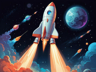 Naklejka premium Abstract glow modern of Rocket flying in space cartoon Illustration