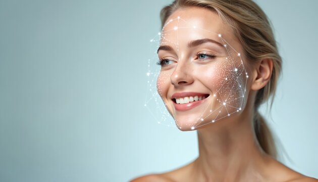 Smiling young woman with facial recognition scanning lines. Technology skin analysis face detection. Cosmetic procedure, face contour correction, facial rejuvenation. Digital biometric data for