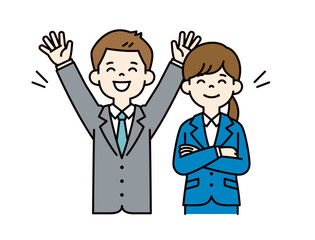 笑顔で大喜びする、若い男女の会社員のベクターイラスト素材＿＿線の編集可能＿カラー