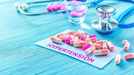Colorful capsules and a stethoscope associated with hypertension treatment on a blue wooden surface.