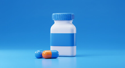 A simple white pill bottle with a bright blue lid and label, accompanied by two colorful capsules, rests on a serene blue background.