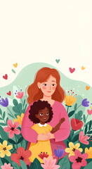 Obraz premium Happy Mother's Day banner. Illustration of Mother’s Day banner with copy space and flowers. Mother and daughter illustration