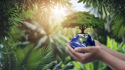 A close-up image of two hands gently cradling a globe with a flourishing green tree growing from it. Background features a lush tropical environment, with sunlight
