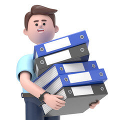 3D illustration of smiling Asian man Felix overworked with a lot of files,Transparent Background Mockup.Supports PNG files with transparent backgrounds.